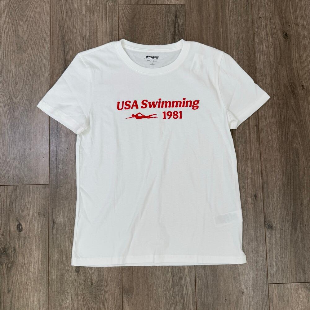 J.Crew T-Shirt WMNS S White USA Swimming Graphic Cotton Retro Athletic Americana - Picture 3 of 7